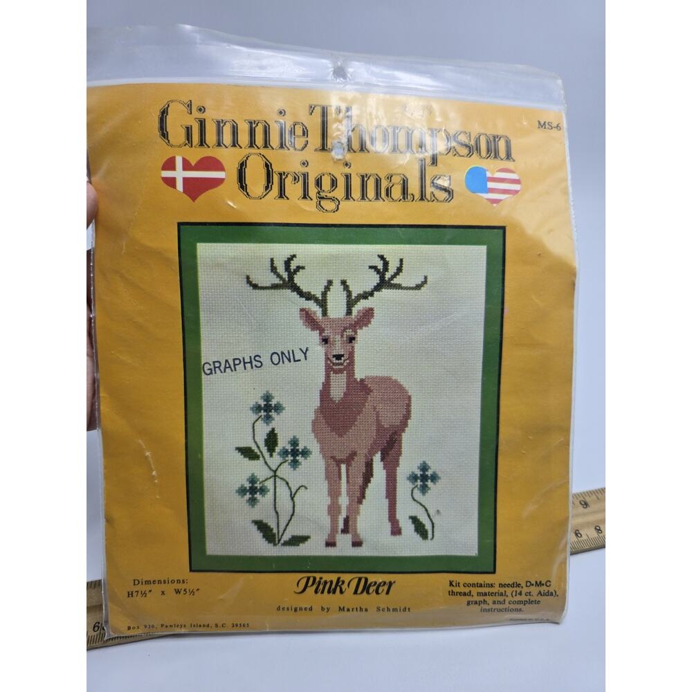 Ginnie Thompson Original Cross Stitch Pattern Pink Deer 7.5" X 5.5"